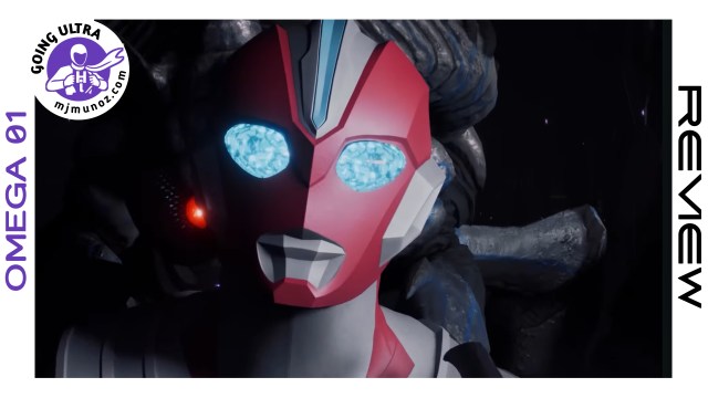 Ultraman Omega’s face is shown in a close up shot with glowing blue eyes in a dark scene. A purple Going Ultra logo is in the top left and the words Omega 01 and Review appear along the borders.