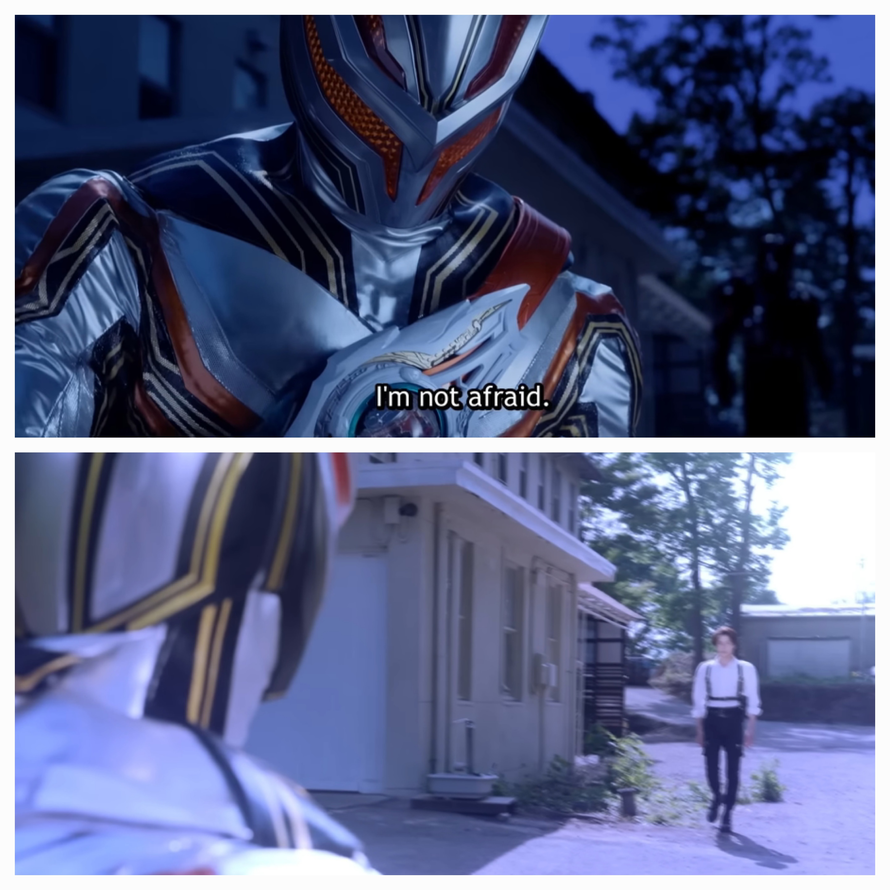 Nox Knight declaring he is not afraid as something mysterious approaches in Episode 14 of Zezts. When he turns to face it, Baku is standing in its place.