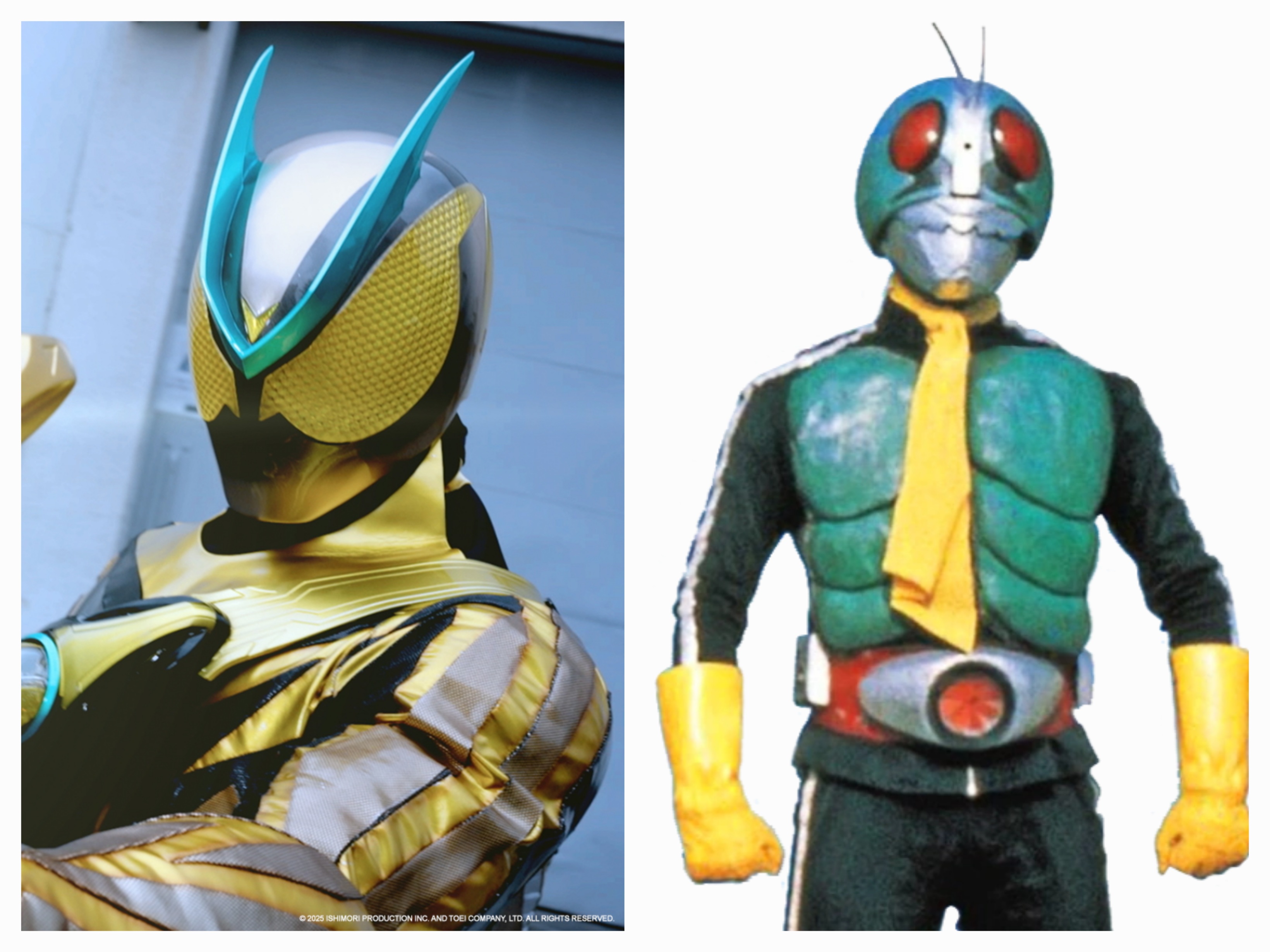 Side by side comparison of Kamen Rider Zeztz helmet and a classic Showa era Kamen Rider suit Shocker Rider Number 1