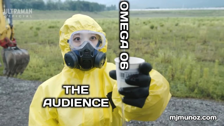 A person in a yellow hazmat suit holds a sample cup labeled Omega 06 toward the camera