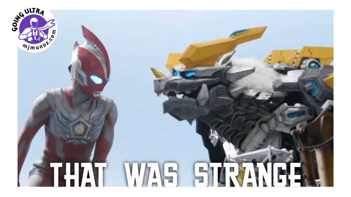 Ultraman Omega reacting to a mechanical wolf kaiju during a strange encounter in Episode 7.