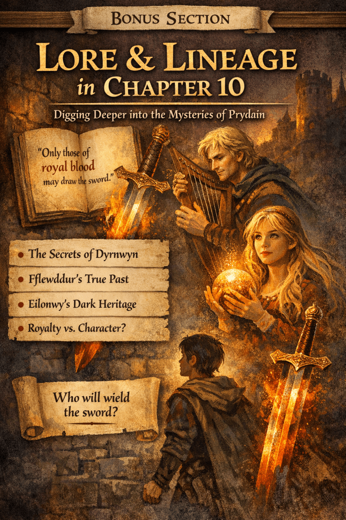 Lore and lineage in Chapter 10 of The Book of Three, featuring Dyrnwyn, Fflewddur’s harp, and questions of royal blood versus character