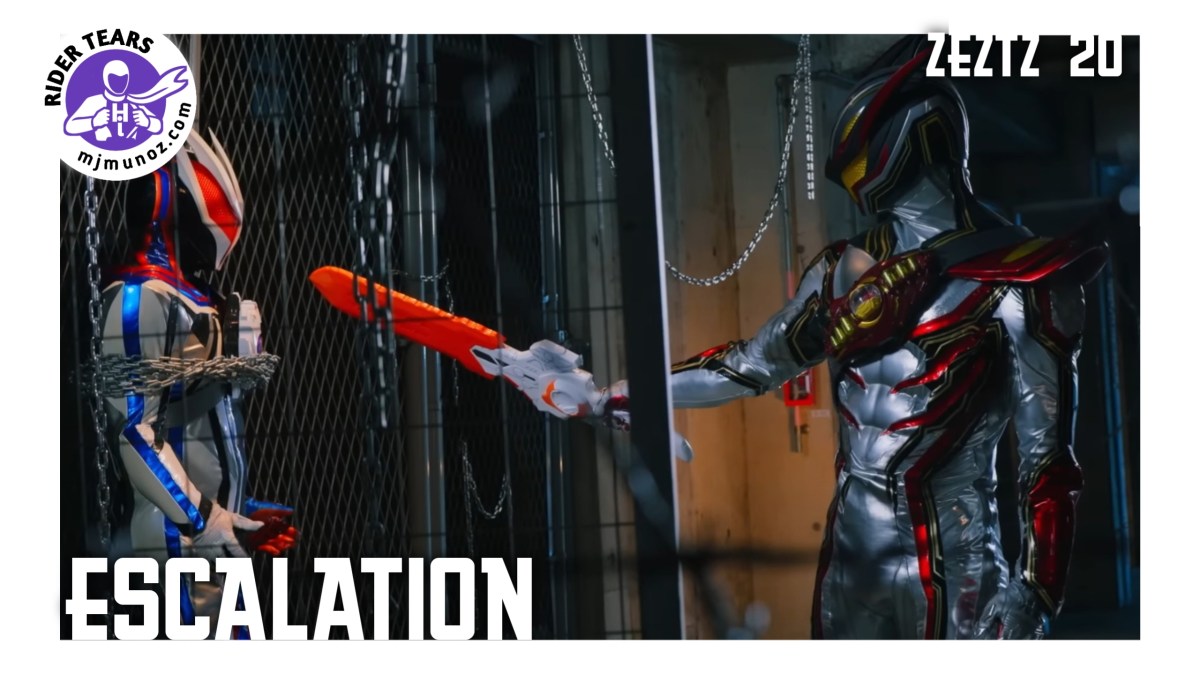 Kamen Rider Zeztz confronts Nox in a chained torture room as Lord Five threatens him with the Breakam Buster in Episode 20