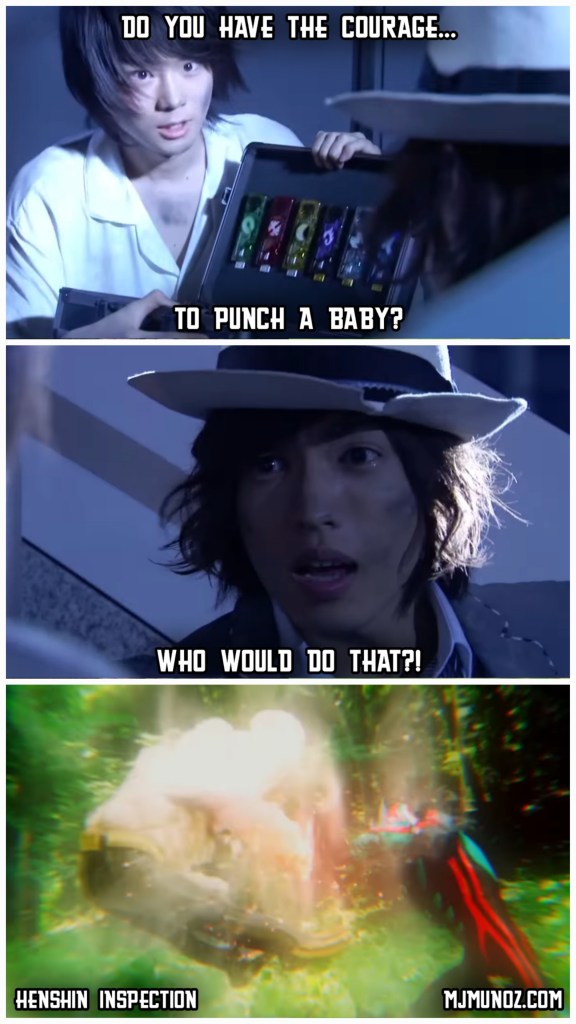 Kamen Rider W Begins Night meme juxtaposed with Kamen Rider Zeztz punching a Baby Nightmare as a darkly comedic commentary on Episode 20