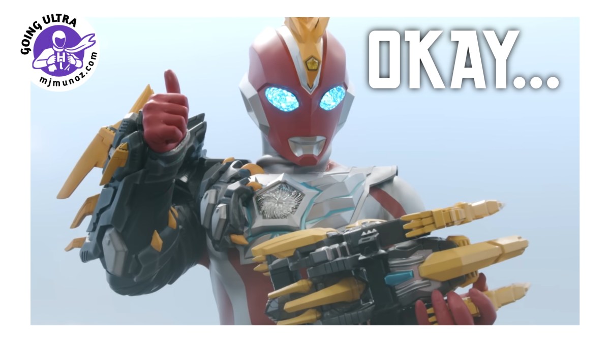 Ultraman Omega gives a thumbs up while holding the Trigaron claw weapon in episode 8 The Legend of Mt Kirifuri