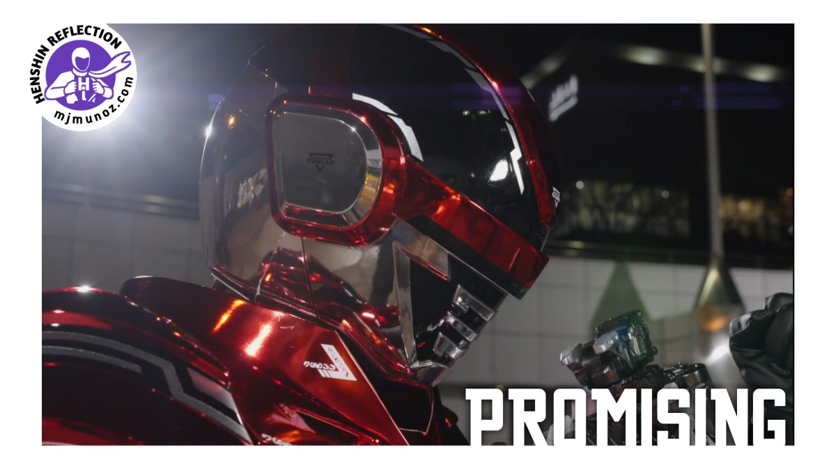 Gavan Infinity in red metallic armor during his transformation scene in Episode 1 Red Gavan of Super Space Sheriff Gavan Infinity