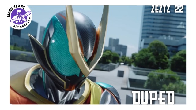 Kamen Rider Zeztz Catastrom close-up in Episode 22 Revenge with “Duped” text overlay