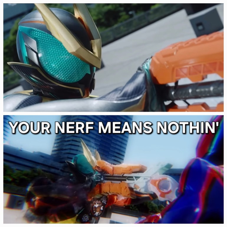 Kamen Rider Zeztz Catastrom destroys Nox’s weapon in Episode 22 Revenge with “Your Nerf Means Nothin” text overlay