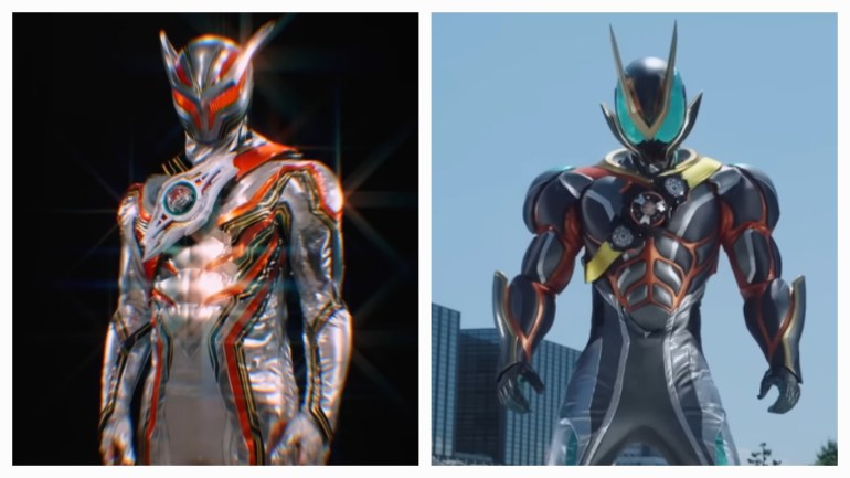 Side-by-side comparison of Zeztz Catastrom and Kamen Rider Nox suits in Episode 22 Revenge highlighting mirrored design elements and visual inversion