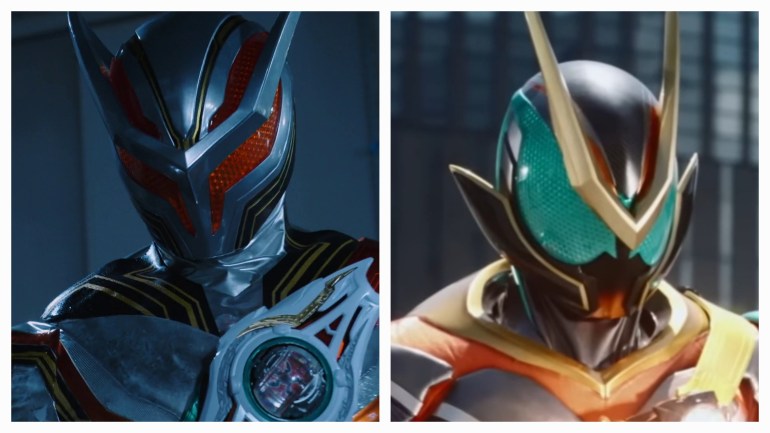 Close-up comparison of Kamen Rider Nox and Zeztz Catastrom helmets in Episode 22 Revenge highlighting mirrored design and color inversion