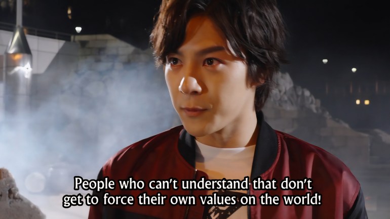 Reiji Doki in Episode 1 Red Gavan delivering a powerful line about not forcing values on the world in Super Space Sheriff Gavan Infinity