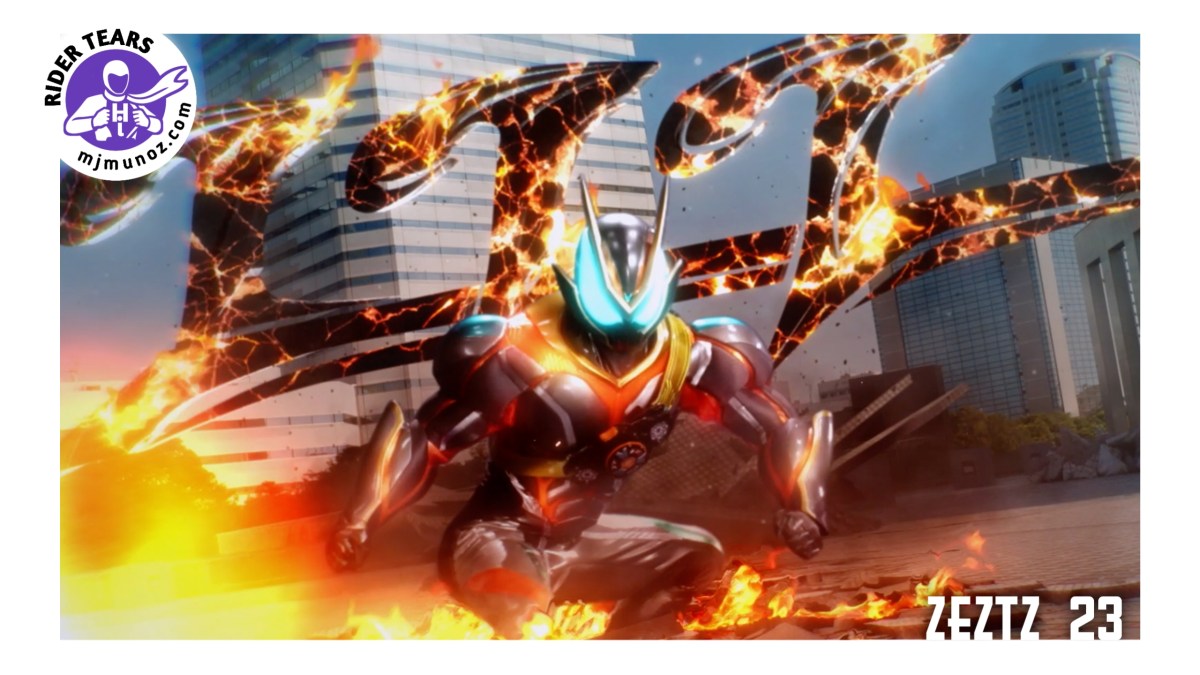 Kamen Rider Zeztz Catastrom kneeling amid flames with molten wing-like energy effects in a city setting, Episode 23 Destroy review thumbnail from Rider Tears.