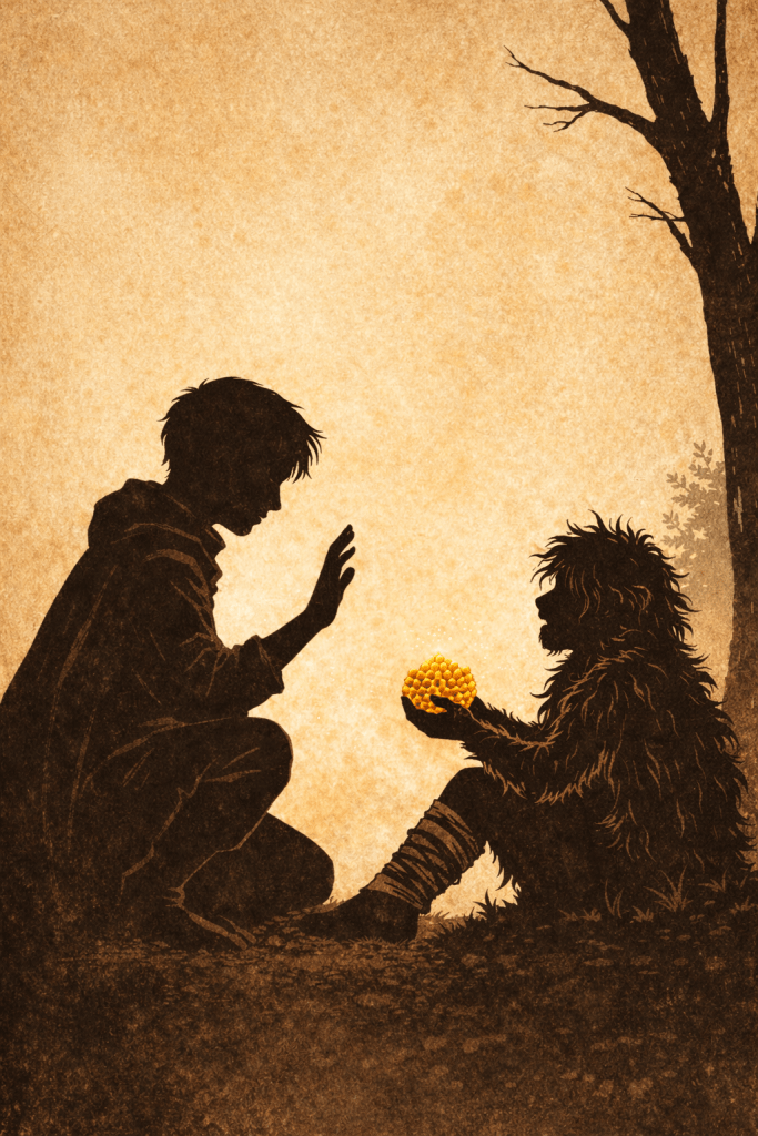 Book of Three Chapter 11 silhouette illustration of Taran gently refusing honeycomb from Gurgi as Gurgi sits with an injured leg in the forest