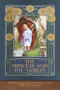 Illustrated cover of The Princess and the Goblin by George MacDonald showing Princess Irene and the miner boy Curdie emerging from a cave in a classic fairy tale scene.