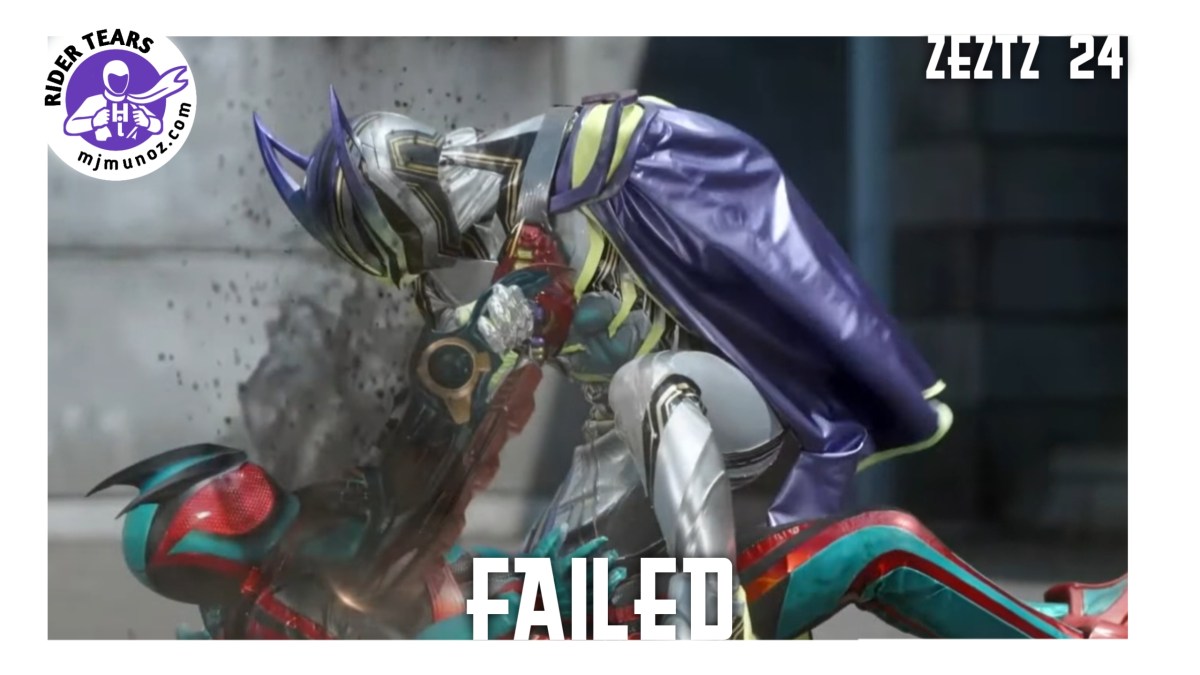 Lord 03 overpowering another Zeztz in Kamen Rider Zeztz Episode 24 with the word FAILED emphasizing Baku’s moral collapse.