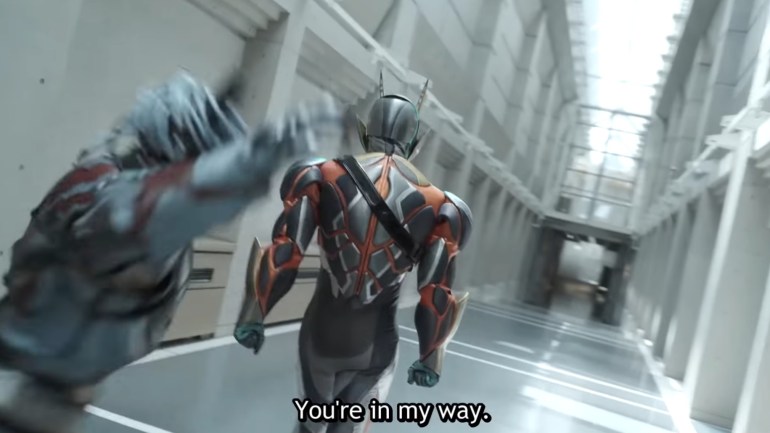 Catastrom form of Zeztz walking through a corridor while a Nightmare attacks from behind in Kamen Rider Zeztz Episode 24.