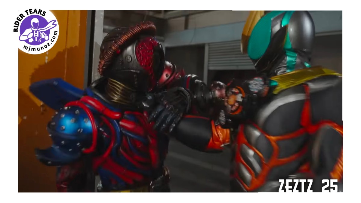 Kamen Rider Zeztz Episode 25 fight scene showing Zeztz clashing with a red armored enemy during an intense battle. Rider Tears review thumbnail from Zeztz Case 25 Get Started.