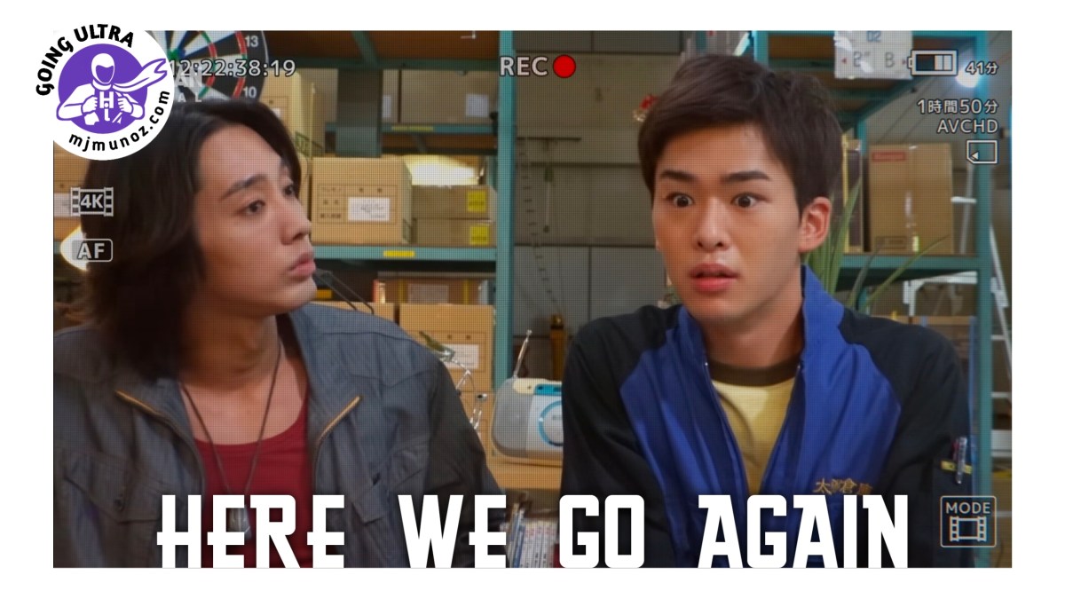 Ultraman Omega Episode 10 review thumbnail showing Sorato Okida and Kosei Hoshimi with a camcorder recording overlay and the text “Here We Go Again,” highlighting the repeated friendship conflict in the episode.