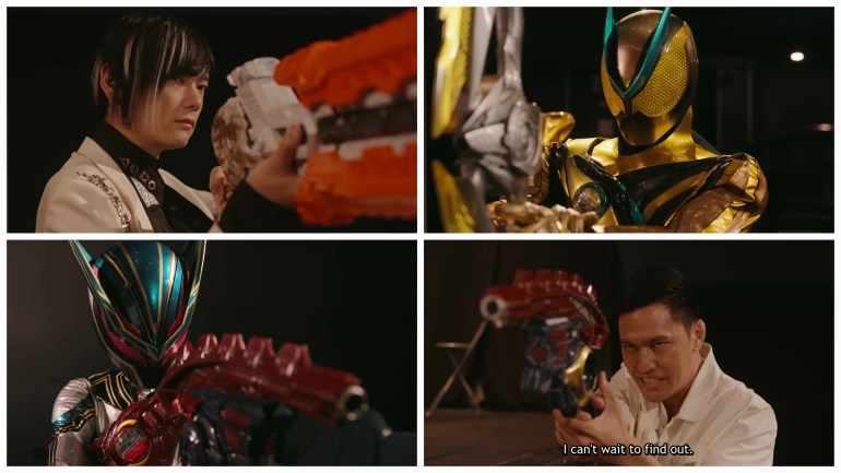 Four way standoff between Kamen Rider Zeztz, Nox, and CODE agents Five and Six aiming their weapons at each other during the confrontation in Kamen Rider Zeztz Episode 26.