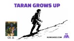 Book of Three Chapter 11 thumbnail with the text Taran Grows Up, a silhouette of a boy climbing uphill, The Book of Three cover, and Fortress Fiction branding
