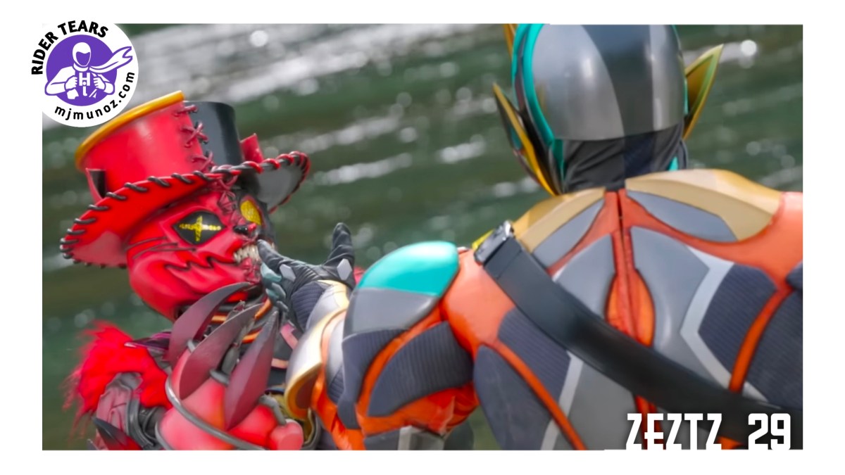 Kamen Rider Zeztz facing a red nightmare creature during a Catastrem battle in Episode 29