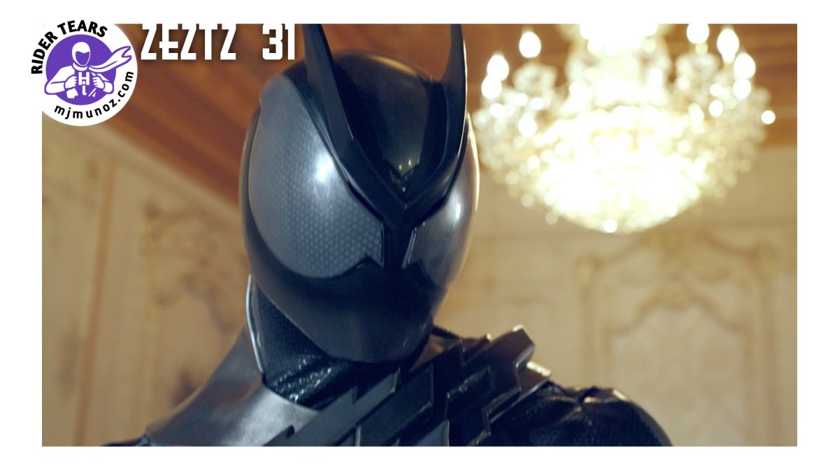 Close up of Kamen Rider Zeztz Darkness in black suit form from Episode 31 Afflict with chandelier background
