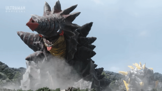 Graim recoiling in fear from the terrifying new kaiju in Ultraman Omega Episode 11