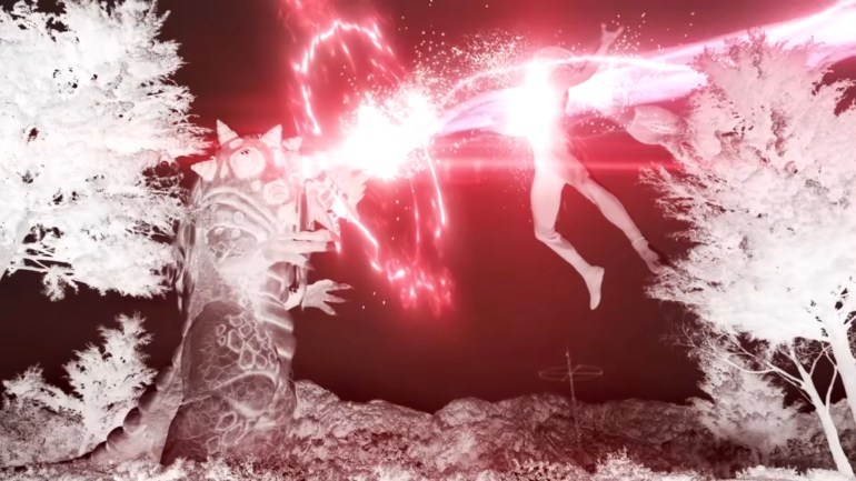 Ultraman Omega appearing to be destroyed by a kaiju beam attack in a negative style visual effect from Episode 11