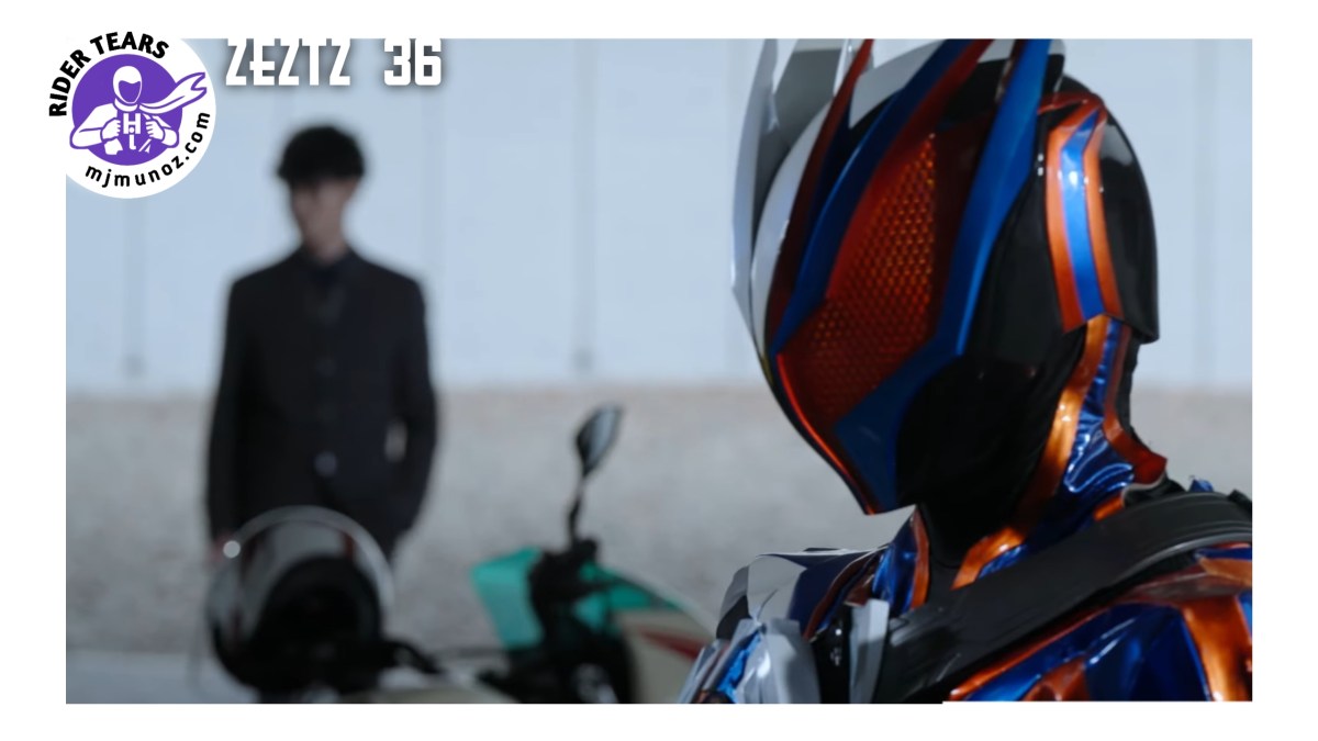 Kamen Rider Zeztz 36 image showing Nox brainwashed in the foreground, Agent Three blurred in the background, and the Zero bike between them.