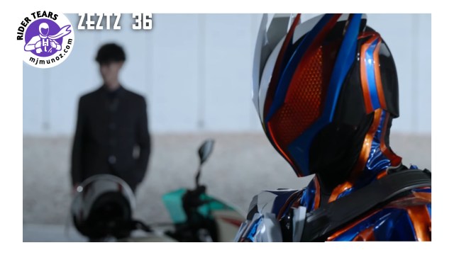 Kamen Rider Zeztz 36 image showing Nox brainwashed in the foreground, Agent Three blurred in the background, and the Zero bike between them.