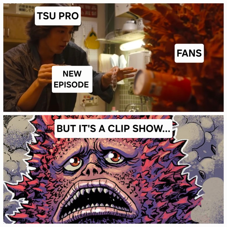 Meme image from Ultraman Omega Episode 13 showing Sorato cautiously approaching Pigmon with labels reading “TSU PRO,” “NEW EPISODE,” and “FANS,” followed by a distressed comic style Pigmon image with the text “BUT IT’S A CLIP SHOW…”