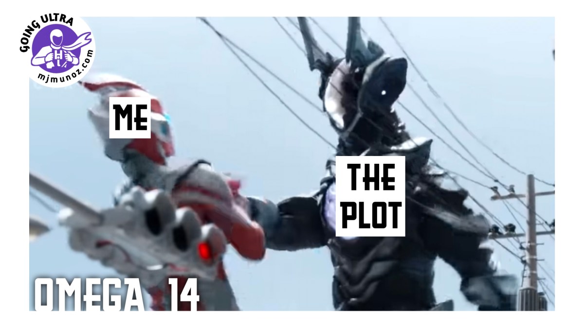 Ultraman Omega battles Zovaras while text labels identify Omega as "Me" and Zovaras as "The Plot," illustrating the episode's focus on finally advancing the series' overarching story and mysteries.