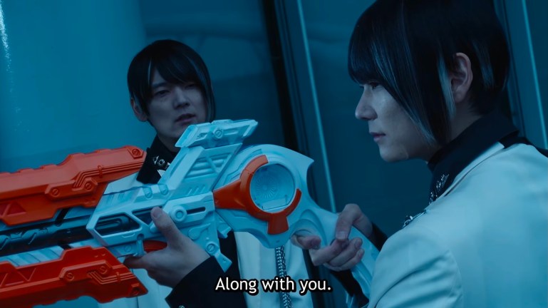 Nox points a gun while facing another version of himself during a pivotal scene in Kamen Rider Zeztz Episode 38.