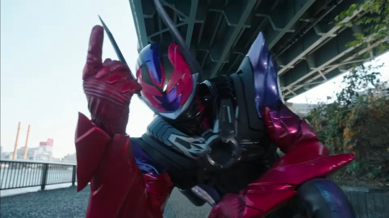 Sieg strikes a dramatic pose in his Dawn Punish Rider form during Kamen Rider Zeztz 39 as the former villain begins a possible path toward redemption.