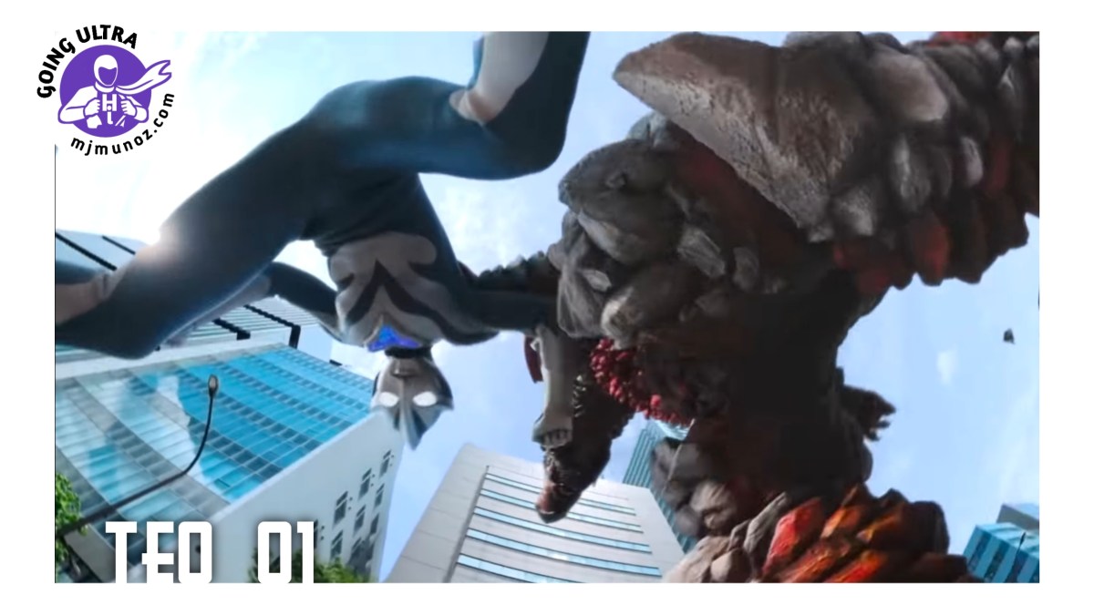 Ultraman Teo battles the kaiju Vialoga from a dramatic low-angle perspective in Episode 1.