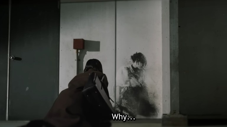 Nasuka confronts Kureja's silhouette at the place where Kureja died in Kamen Rider Zeztz Episode 42.