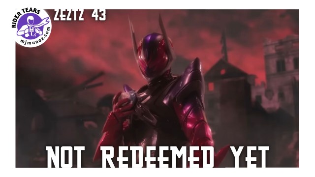 Kamen Rider Sieg stands beneath a crimson sky in Kamen Rider Zeztz Episode 43 with the words "Not Redeemed Yet," highlighting the beginning of his redemption arc.