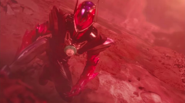 Kamen Rider Sieg kneels in battle, highlighting the unused chest Driver that symbolically covers the hole in his heart in Kamen Rider Zeztz Episode 43.
