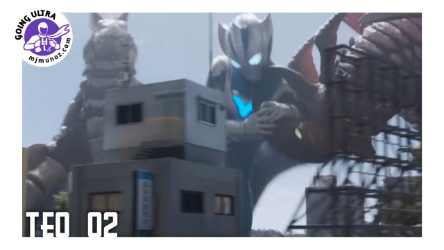 Ultraman Teo confronts a giant horned kaiju in Episode 2 during their first city battle.