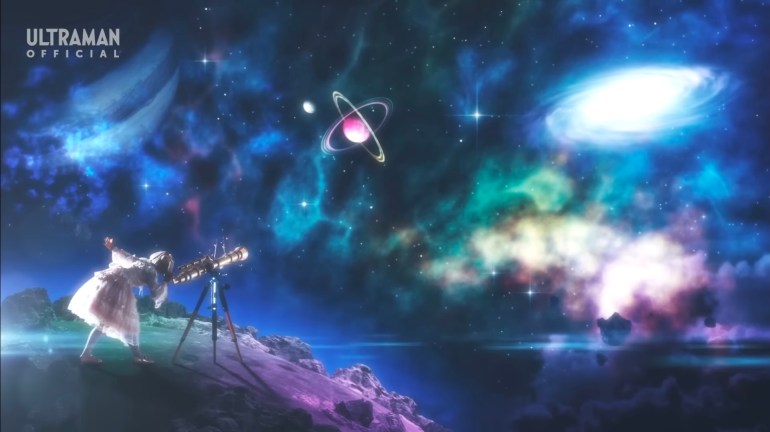 Alien Barossa's sister peers through a telescope into space in Ultraman Omega Episode 18, searching for the prince she believes will rescue her.