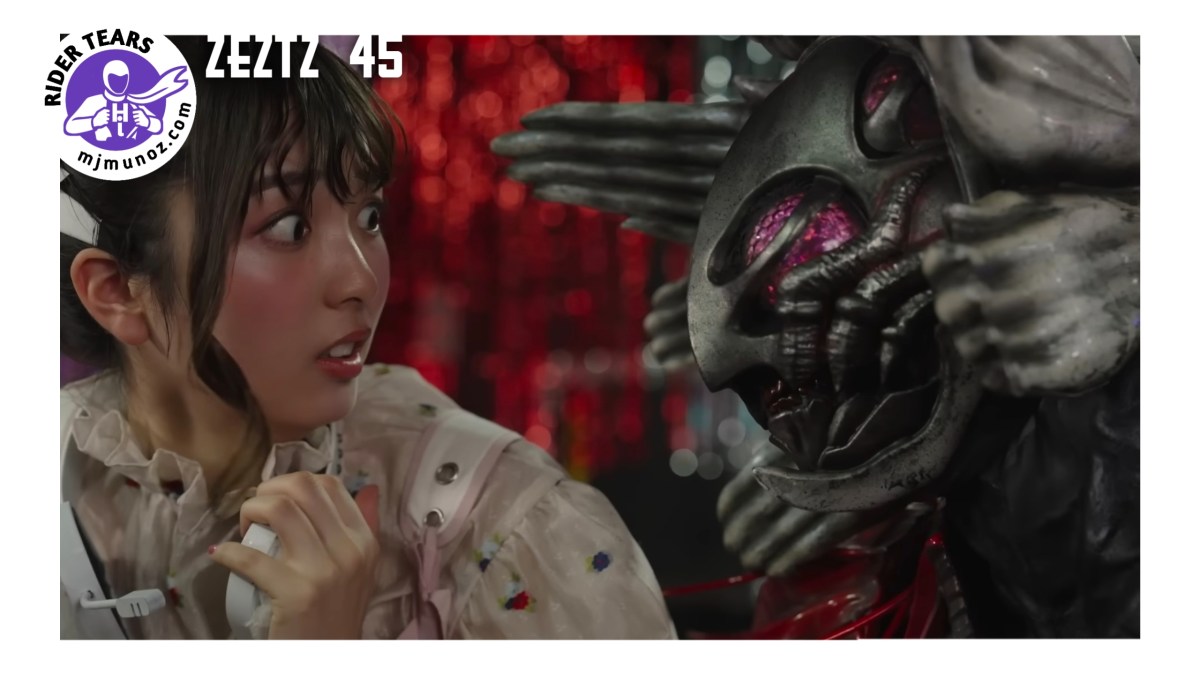 Nem stares wide-eyed at Oblivion Gore Nightmare, whose face is inches from hers, in a close-up confrontation with a red background.