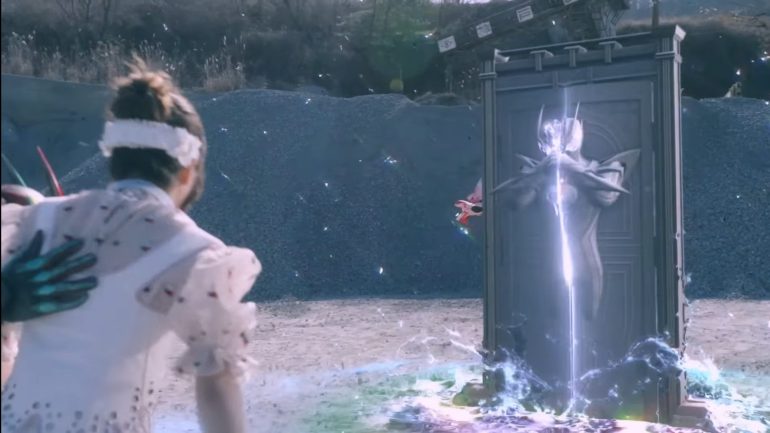 Zeztz stands in front of a glowing doorway as blue energy flows through the opening while Nem watches from the foreground.