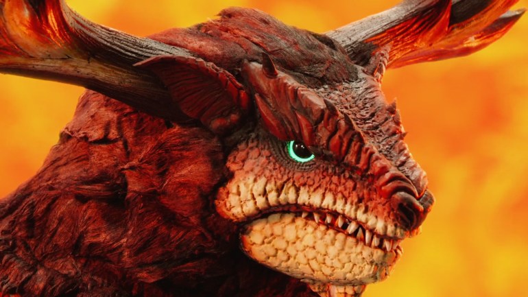 Close-up of Enkaku's face in Omegahorn Episode 1, highlighting his expressive green eyes, massive horns, and detailed creature design.