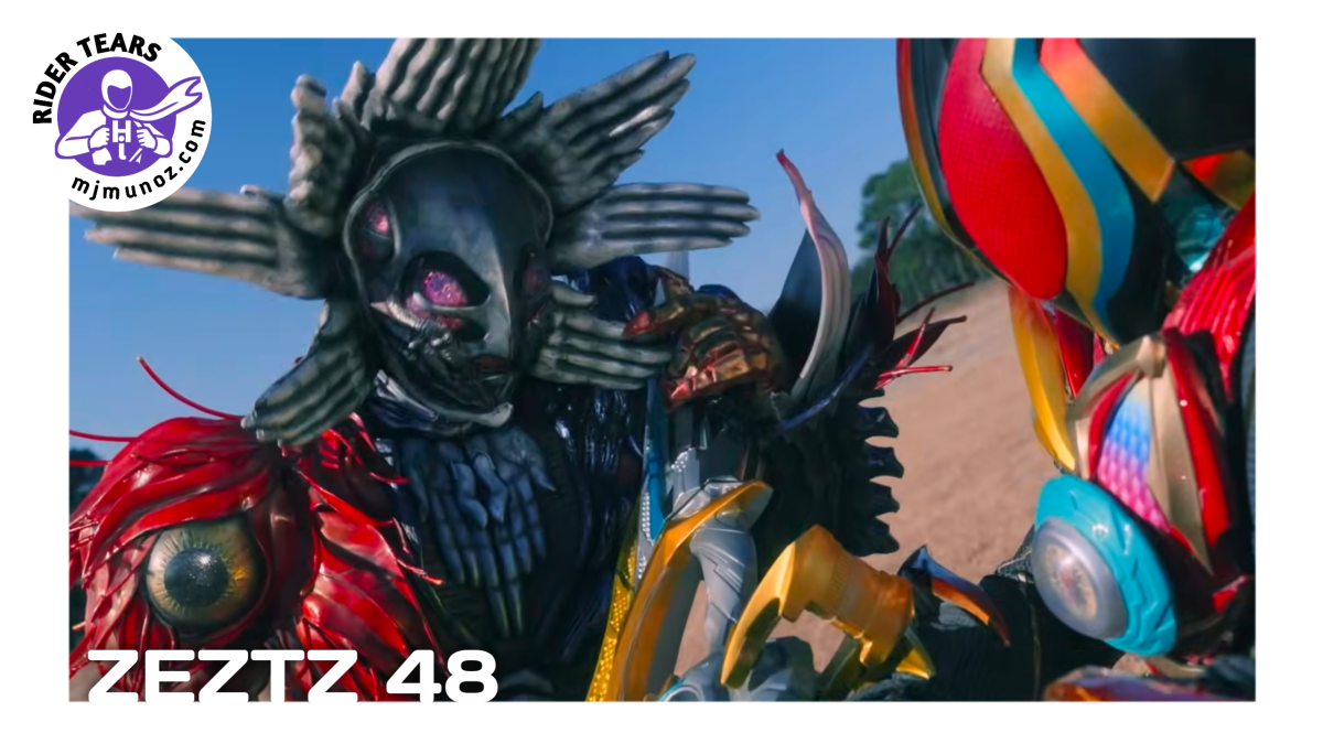 Kamen Rider Zeztz facing the skull-faced Oblivion Gore Nightmare outdoors.