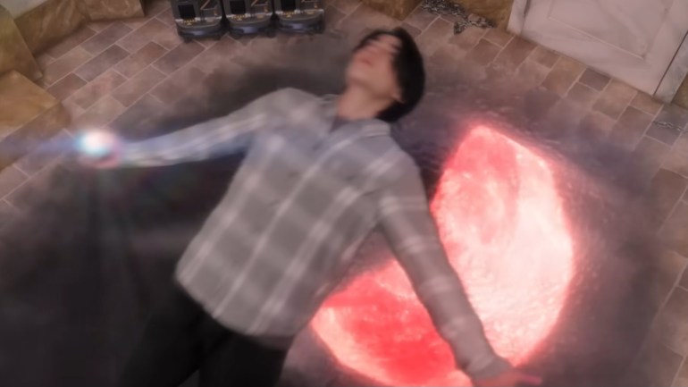Baku falls backward as his body dissolves into dark smoke around a glowing red portal on the floor.