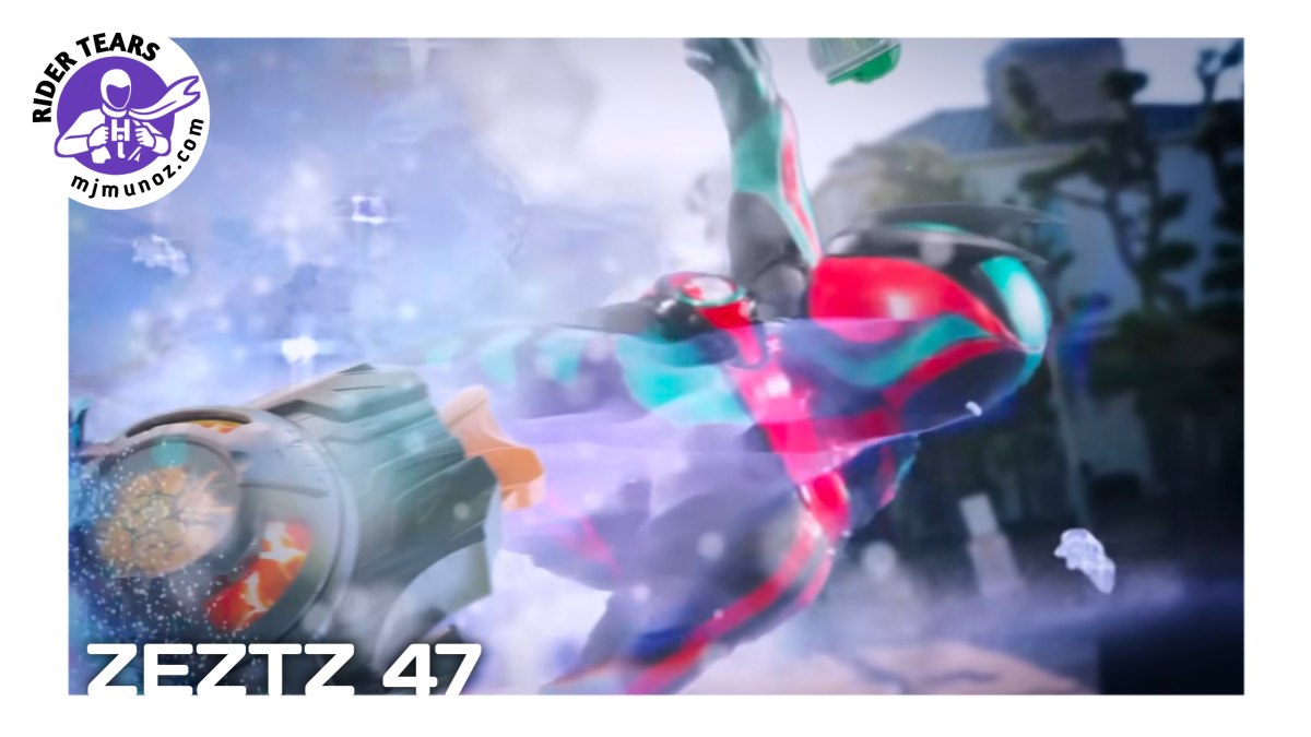 Kamen Rider Zeztz is blasted backward through the air amid smoke, debris, and bright energy effects.
