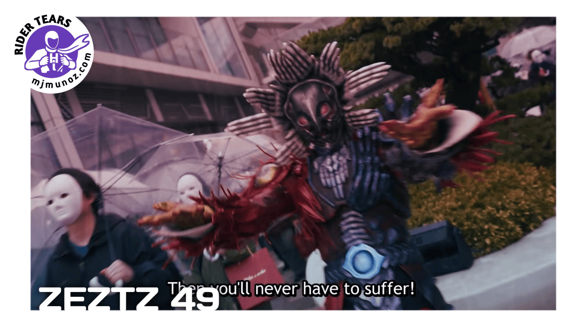 Oblivion surrounded by masked people and monstrous figures charging forward through a city in Kamen Rider Zeztz 49.