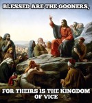 Painting of Jesus delivering the Sermon on the Mount with the text, “Blessed are the gooners, for theirs is the Kingdom of Vice.”