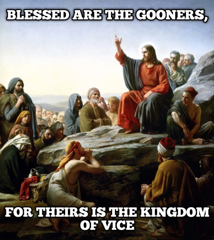 Painting of Jesus delivering the Sermon on the Mount with the text, “Blessed are the gooners, for theirs is the Kingdom of Vice.”