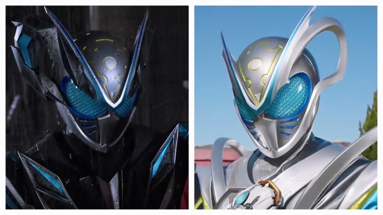 Two versions of Kamen Rider My-Th shown side by side, with a darker, angular suit on the left and a brighter silver suit with large rounded loops on the right.